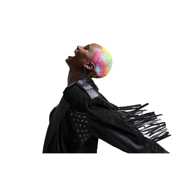 Person with rainbow hair wearing a black jacket looking up with an open mouth in a minimalist white background studio shot