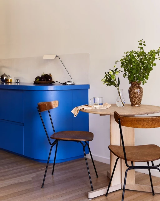 Modern dining area featuring a round wooden table with green foliage and two chairs, set against a blue kitchen cabinet.