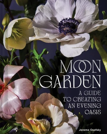 Floral still life of white and pink flowers in bloom against a dark blue background with text overlayed for a book cover design.