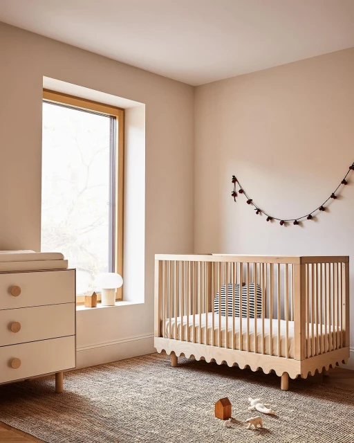 Nursery room with a wooden crib, dresser, window, and woven rug creating a cozy interior space.