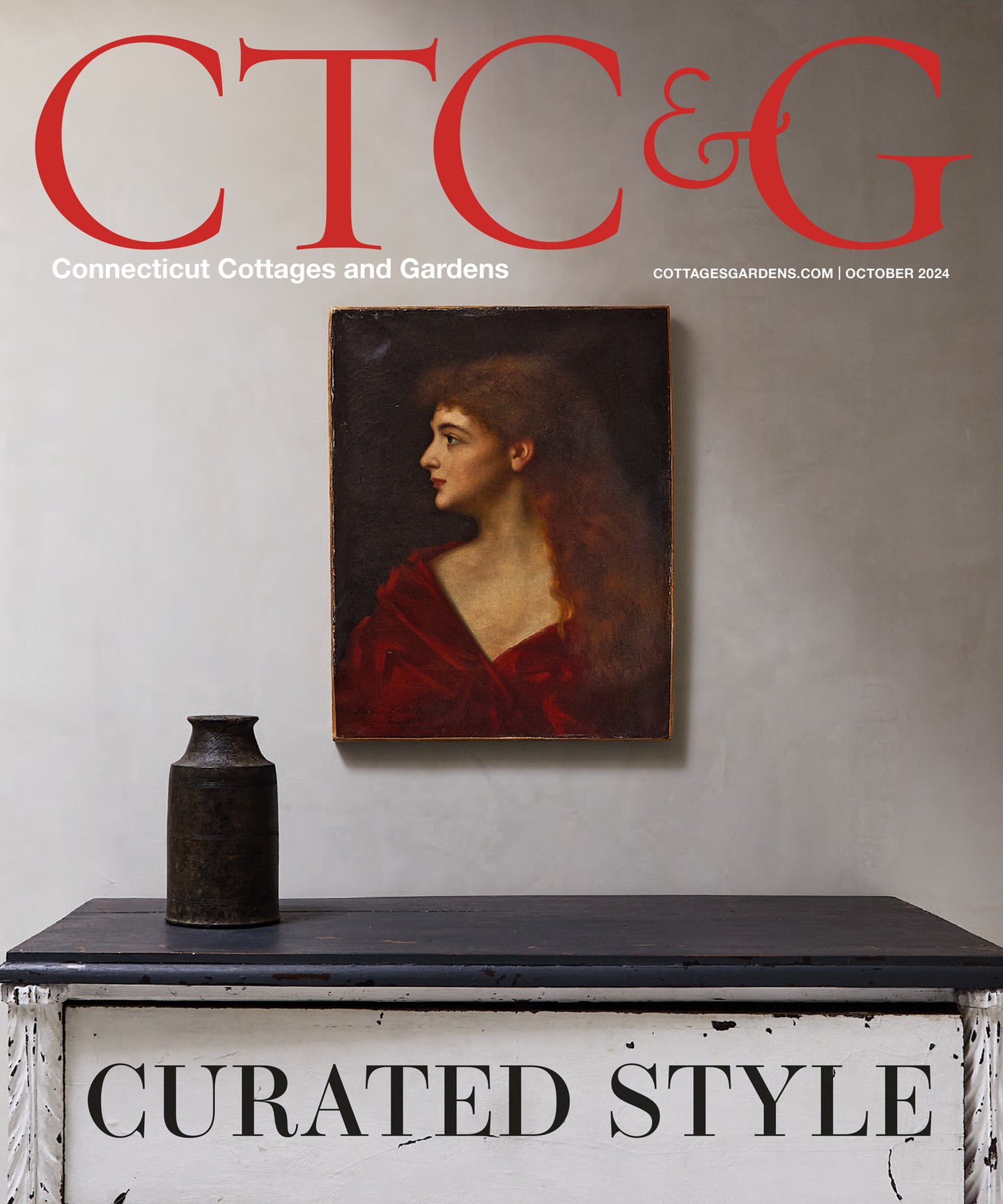 Magazine cover featuring an antique table with a vase, painting of a woman, and the magazine's title, 'CTC&G Connecticut Cottages and Gardens'.