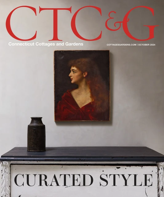 Magazine cover featuring an antique table with a vase, painting of a woman, and the magazine's title, 'CTC&G Connecticut Cottages and Gardens'.