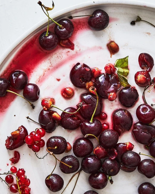 Overhead shot of fresh dark cherries and red currants scattered across a white plate with red juice. Food and beverage photography.