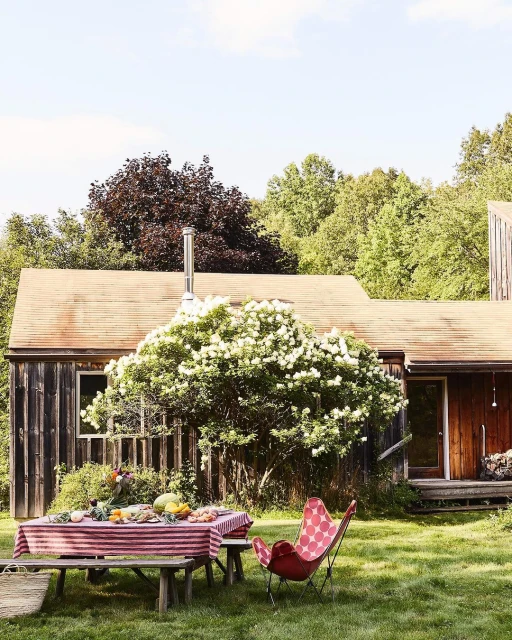 Outdoor picnic table laden with food and produce next to a red butterfly chair in a grassy yard with a rustic wooden house.