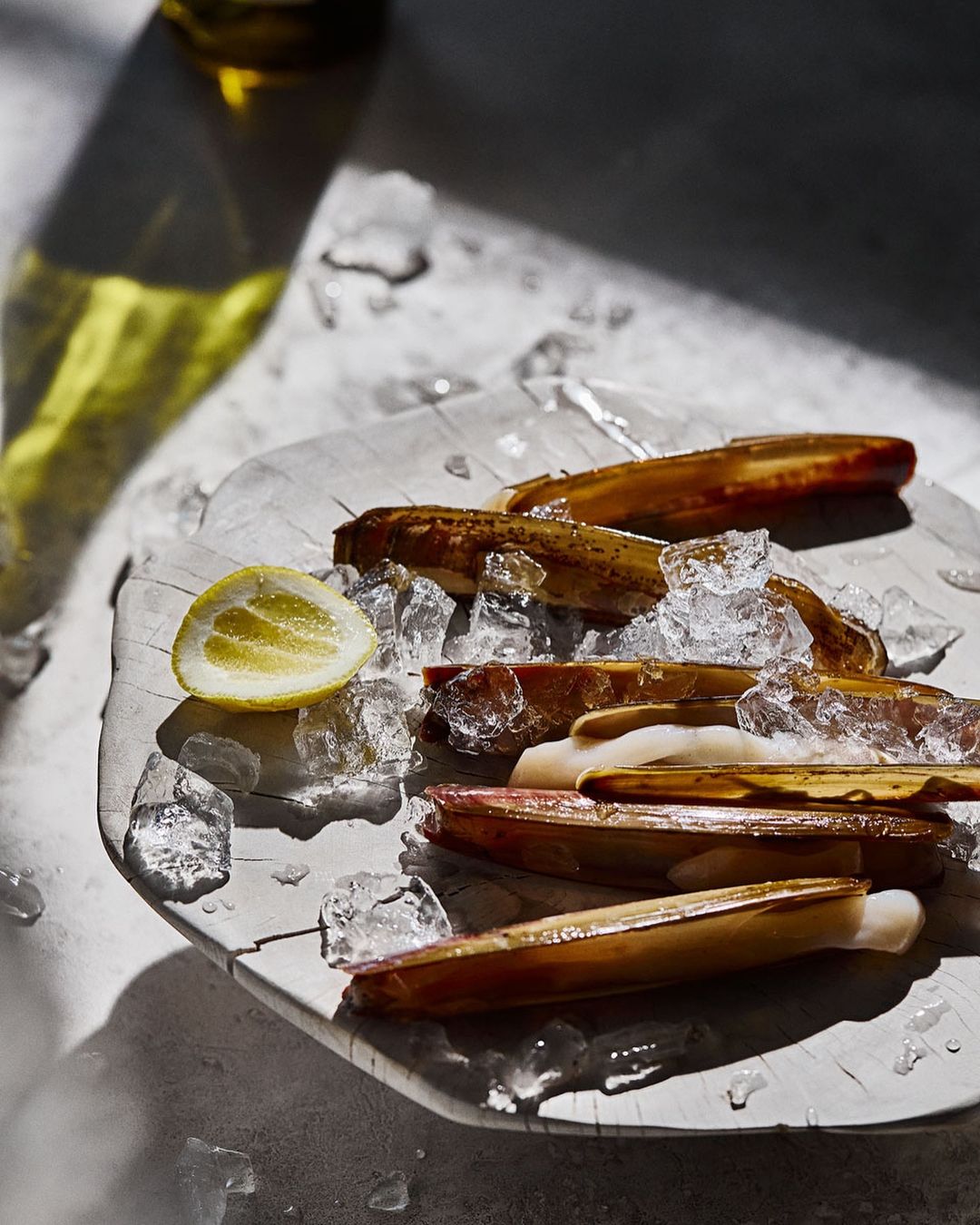 Razor clams, lemon wedge, and crushed ice arranged on a grey plate under studio lighting, showcasing seafood presentation and culinary artistry.
