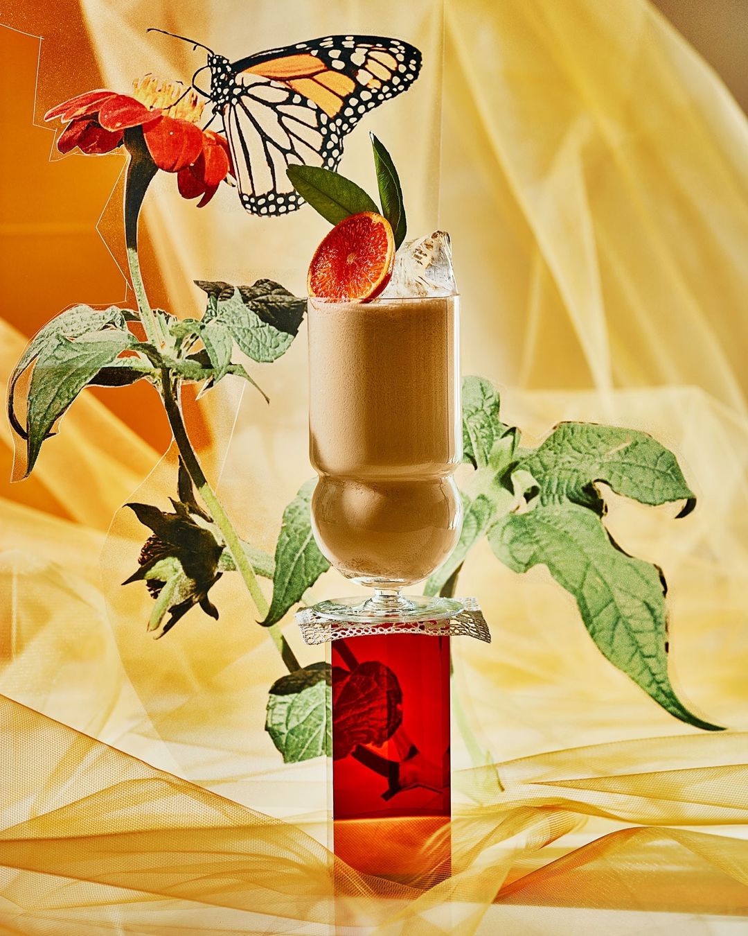 Still life with a layered drink, garnished with an orange slice and ice, paired with a flower, leaves, and a monarch butterfly.