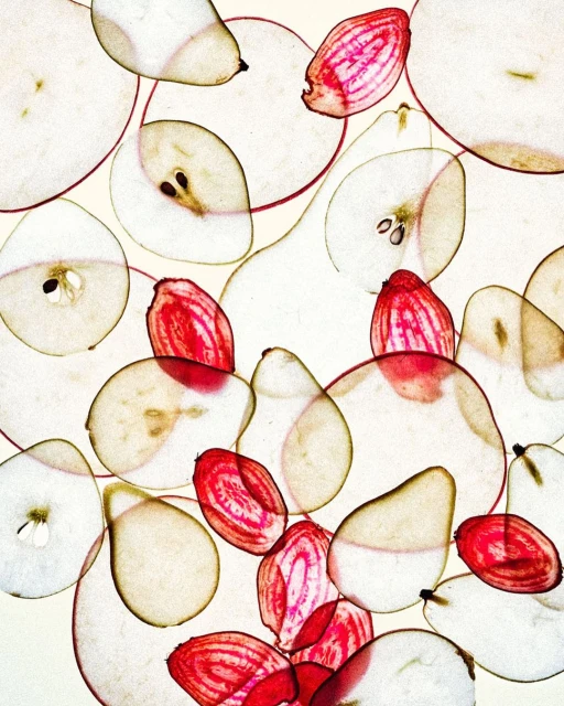 Overlapping slices of pears and beets create a vibrant food art composition on a bright background, showcasing their colors and textures.