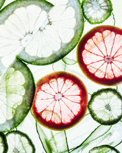 Slices of grapefruit and cucumber in a colorful arrangement, backlit to emphasize their textures and translucent qualities.