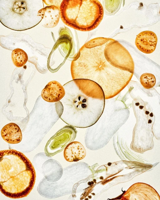 Overhead shot of assorted sliced produce and vegetables, including apple, tomato, zucchini, and leek, arranged in abstract pattern.