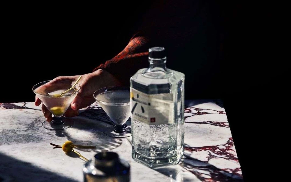 Close-up of a clear glass bottle, two martini glasses with olives, and a stainless-steel cocktail shaker on a marble countertop.