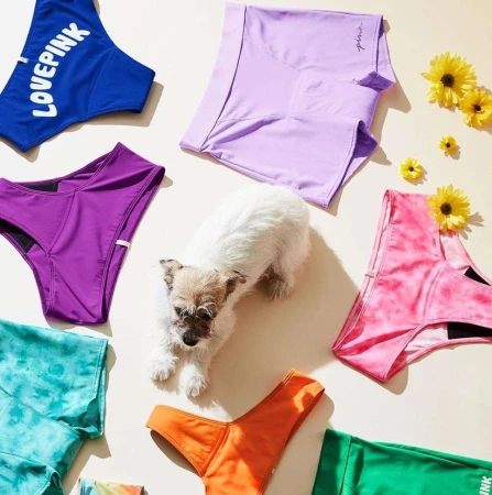 Small terrier dog lies amidst colorful underwear with floral accents, creating a playful, eye-level product presentation.