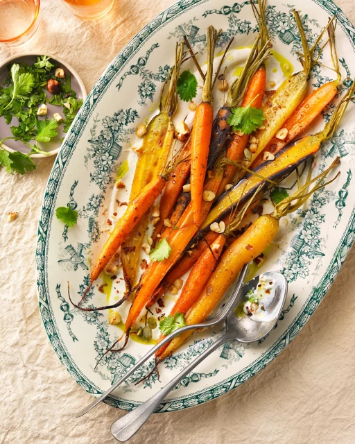 Overhead shot of roasted multi-colored carrots on an ornate plate with a spoon, nuts, and herbs, lit with natural light.
