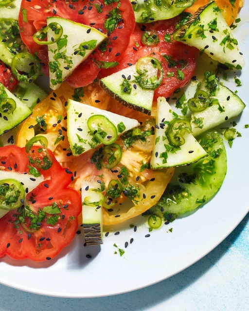 Overhead shot of colorful tomato and cucumber salad with herbs, black sesame seeds and green chili peppers on a white plate.