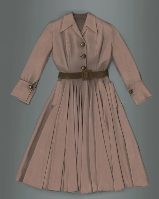Tan dress with a collared neck, long sleeves with buttoned cuffs, a brown belt, and a pleated skirt on a gray background.