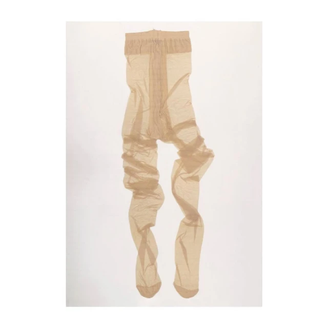Tan-colored pantyhose on a white background, slightly wrinkled, with visible seams and knit texture, ideal for fashion or hosiery product shots.