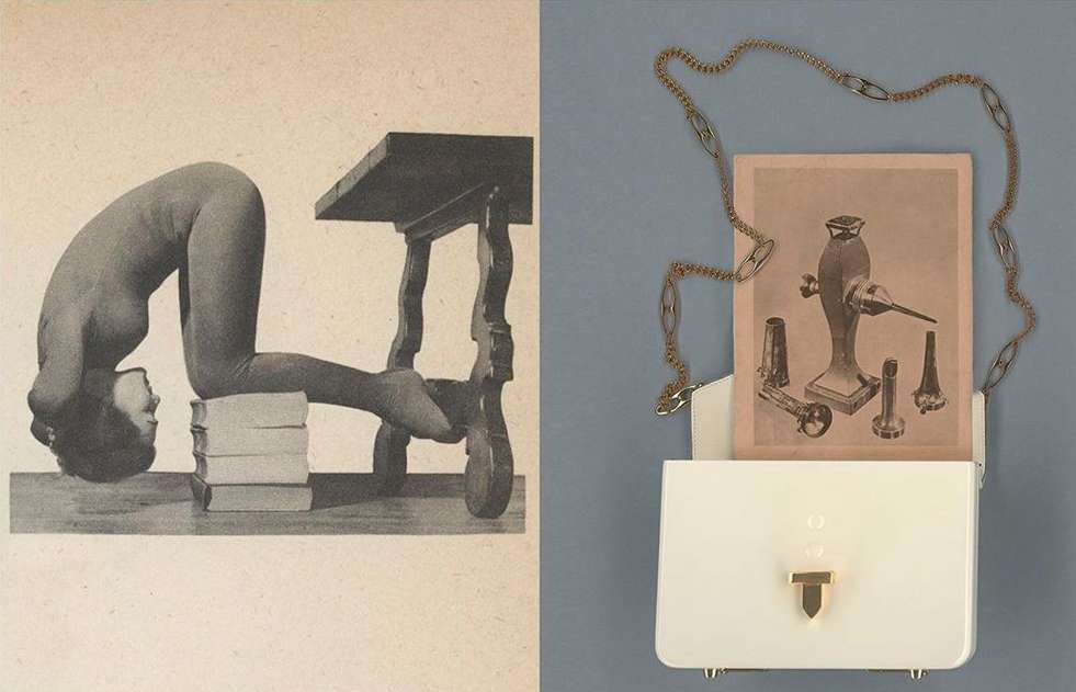 Surreal collage: nude female bending over stack of books by table, juxtaposed with handbag and vintage medical tools image.
