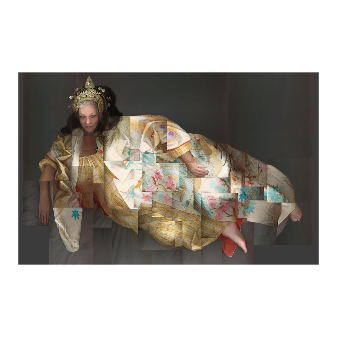 Surreal portrait of a person in a patterned robe with a crown, lying on a bed, with a photo mosaic effect, against a grey backdrop.
