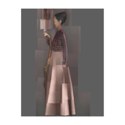Profile of an Asian woman in a long gown holding a staff against a geometric grey background by Katerina Jebb.