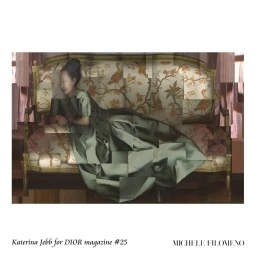 Collage artwork of a woman resting on an ornate patterned sofa by Katerina Jebb for Dior Magazine 25.