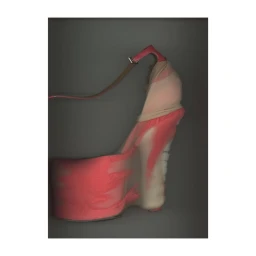 Close-up studio view of a pink high-heel platform shoe with strap detailing against a grey gradient background.