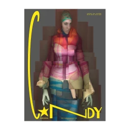 Model wearing patterned headscarf and layered colorful top against a grey background with yellow graphic text overlay.