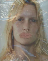 Close-up portrait of a blonde woman behind creased plastic wrap with collaged lips by Katerina Jebb.