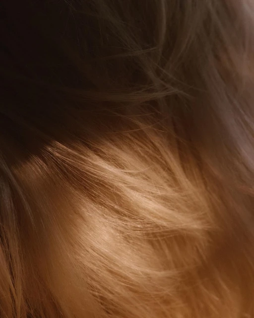 Close-up of flowing, silky long hair in warm, soft tones with light and shadow patterns creating depth and texture, fashion, and beauty.