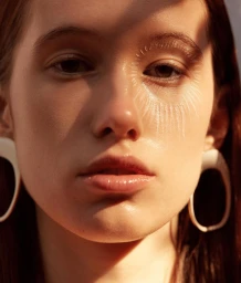Close-up portrait of a woman with white eye makeup detail and large oval earrings photographed by Kathrin Makowski in Paris.