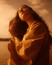 Portrait of a woman with long dark wavy hair outdoors against a sunset sky and water by photographer Kathrin Makowski