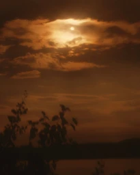 Monochrome dark orange sunset sky filled with dense clouds and silhouetted foliage in the foreground against water.