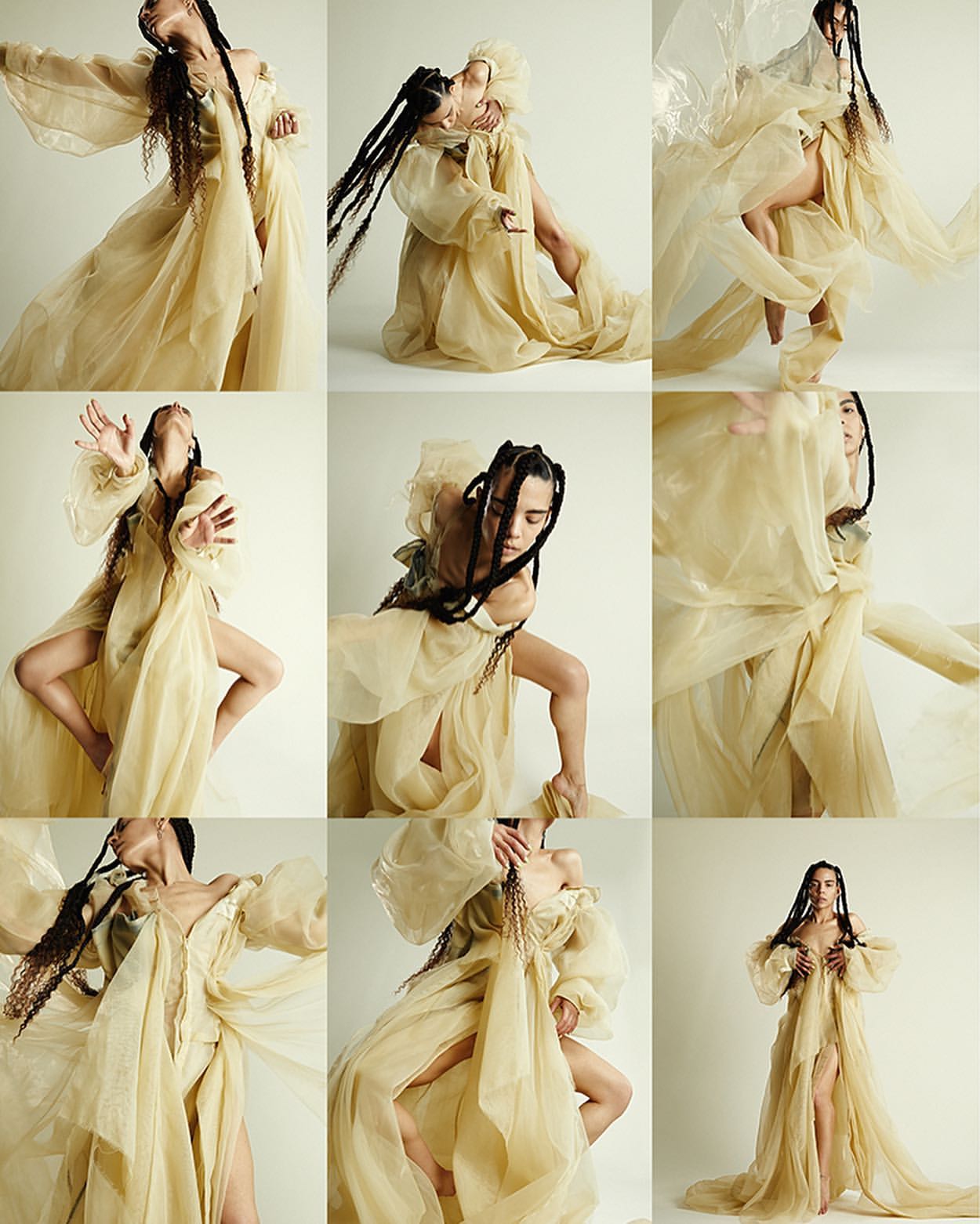 Multiple images of a woman wearing a long, flowing beige gown in a photo studio with white backdrop, fashion editorial style.