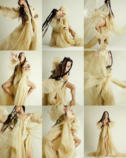 Multiple images of a woman wearing a long, flowing beige gown in a photo studio with white backdrop, fashion editorial style.