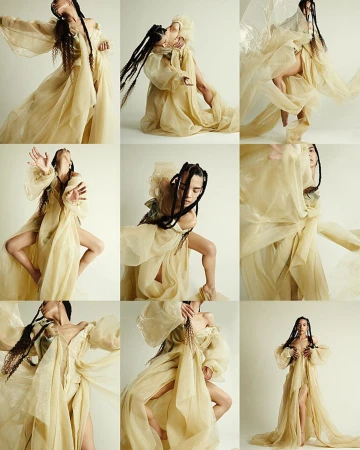 Multiple images of a woman wearing a long, flowing beige gown in a photo studio with white backdrop, fashion editorial style.