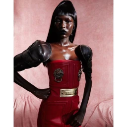 Black woman in a structured red dress with gold lion accents and dark leather shoulder guards against a textured pink backdrop