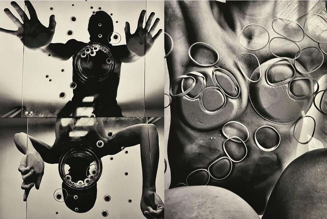 Abstract black and white image featuring a person in a mirror and close-up of a body with circle-shaped objects.