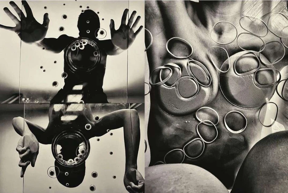 Abstract black and white image featuring a person in a mirror and close-up of a body with circle-shaped objects.
