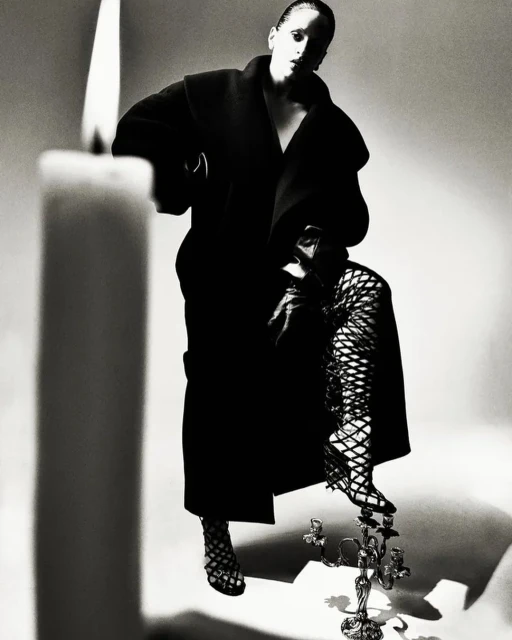 Monochrome fashion shot of a woman in a long coat and fishnet stockings, stepping on a candleholder next to a tall candle.
