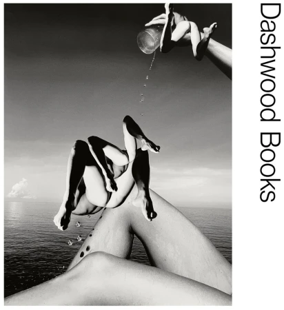 Black and white photographic collage of human limbs and torso against the sky and ocean, with a glass of water being poured.