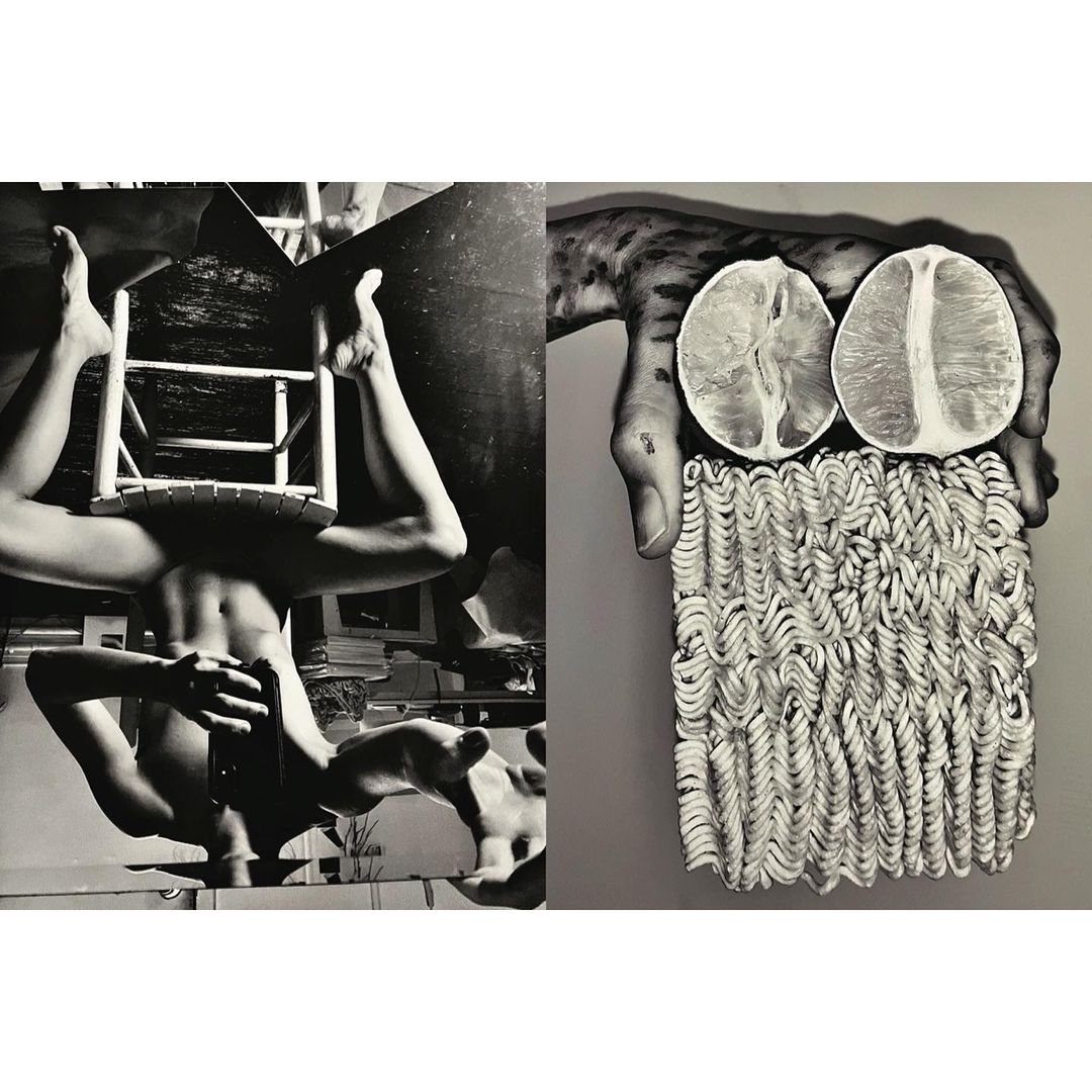 Conceptual black and white diptych: nude figure supporting a chair, balanced with a hand holding noodles and lemon halves.