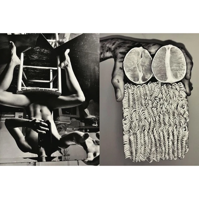 Conceptual black and white diptych: nude figure supporting a chair, balanced with a hand holding noodles and lemon halves.