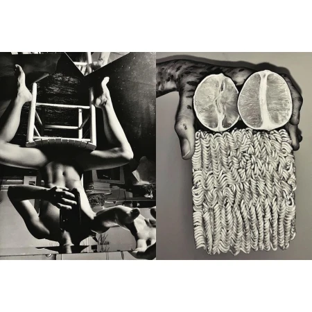 Conceptual black and white diptych: nude figure supporting a chair, balanced with a hand holding noodles and lemon halves.