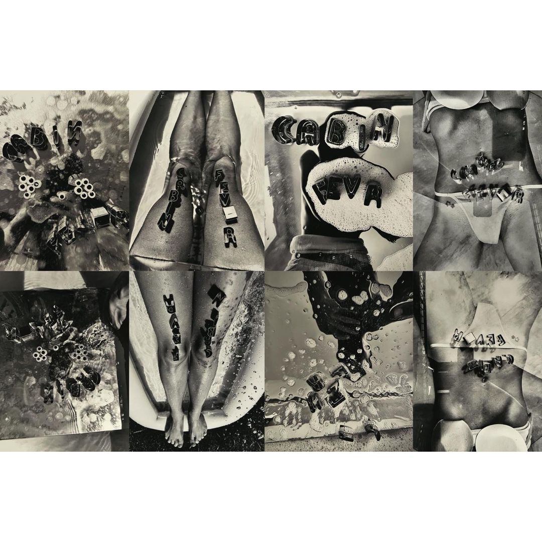 Monochrome collage of partial female figures in water with alphabet blocks forming words, creating an abstract artistic composition.