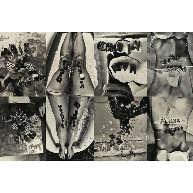 Monochrome collage of partial female figures in water with alphabet blocks forming words, creating an abstract artistic composition.