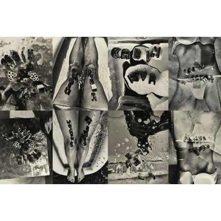 Monochrome collage of partial female figures in water with alphabet blocks forming words, creating an abstract artistic composition.