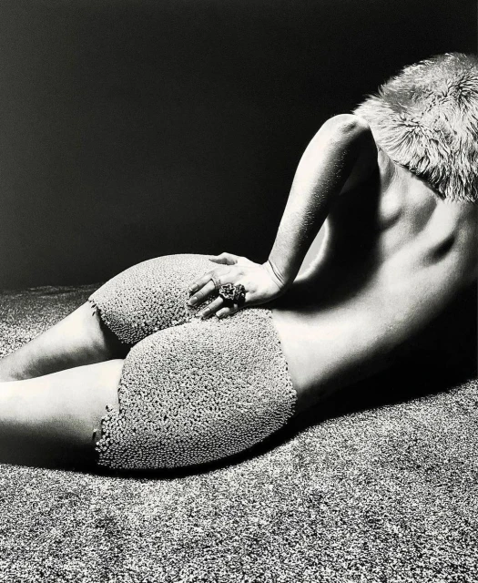 Monochrome artistic photograph of a semi-nude woman lying on textured surface, wearing decorative shorts and fur collar.