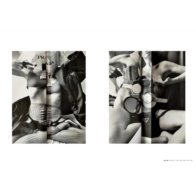 Black-and-white art photograph of a fashion collage featuring a partial female torso and Prada branding on a magazine cover.