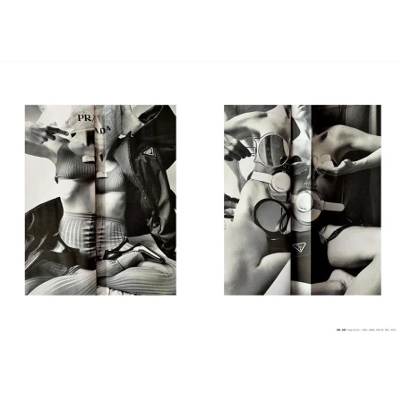 Black-and-white art photograph of a fashion collage featuring a partial female torso and Prada branding on a magazine cover.