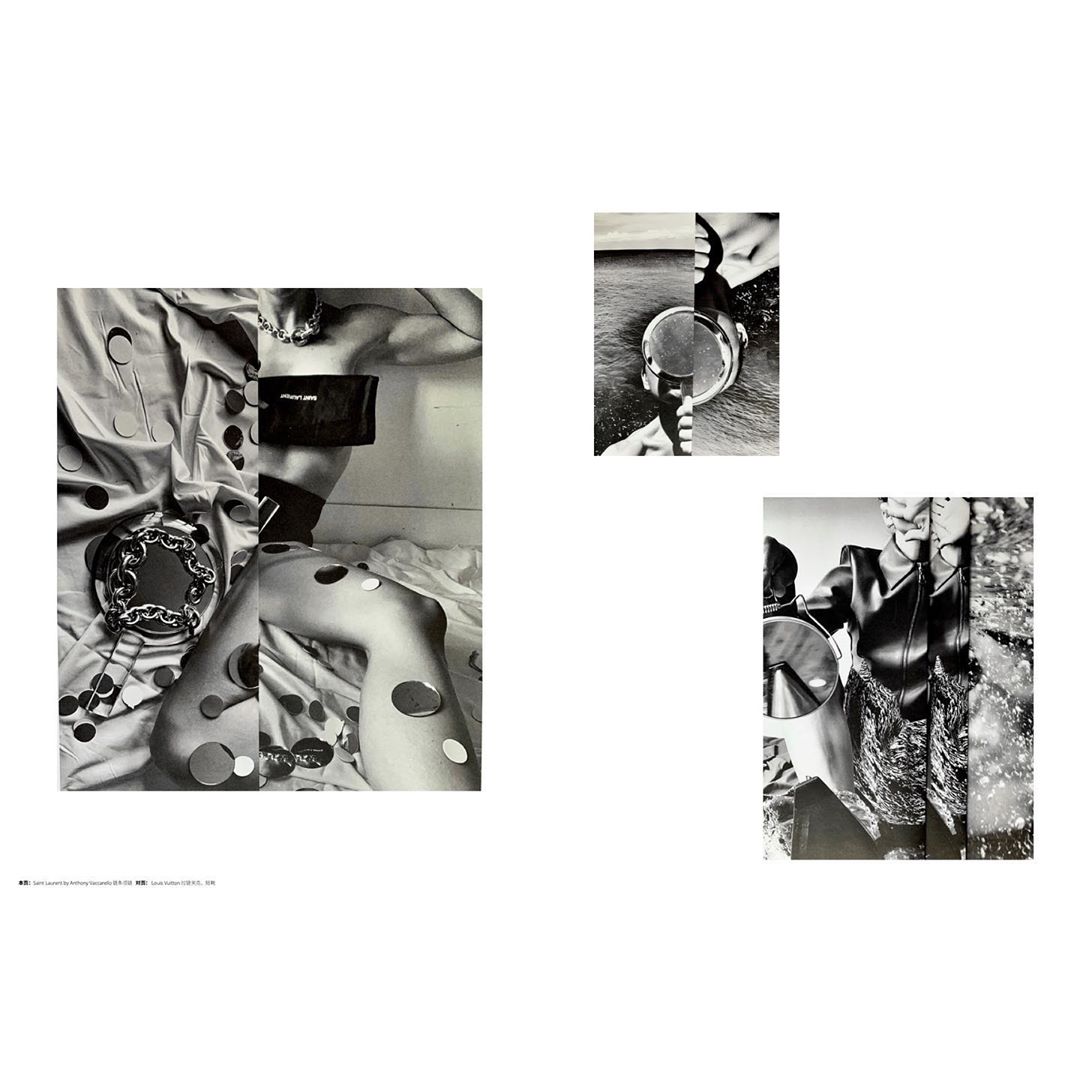 Monochrome collage of models, mirrors, and polka dot fabric in a studio setting, showcasing fragmented fashion portraits with unique elements.