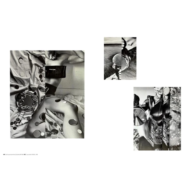 Monochrome collage of models, mirrors, and polka dot fabric in a studio setting, showcasing fragmented fashion portraits with unique elements.