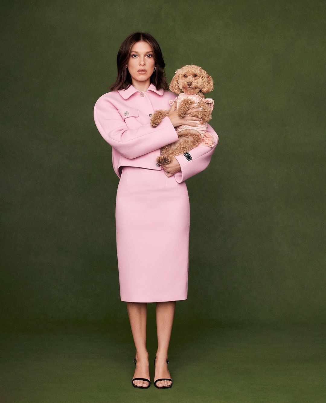 A woman in a pink skirt suit is holding a tan poodle against a green backdrop in a full shot, looking at the camera.